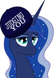 Size: 6073x8559 | Tagged: safe, artist:michdruch, princess luna, alicorn, pony, g4, absurd resolution, female, hat, judging, lidded eyes, mare, simple background, solo, white background