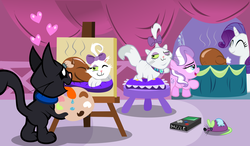 Size: 1400x819 | Tagged: safe, artist:magerblutooth, diamond tiara, opalescence, rarity, oc, oc:dazzle, cat, earth pony, pony, turkey, unicorn, g4, carousel boutique, collar, drool, easel, female, filly, foal, heart, mare, meat, paint, paintbrush, painting, pet, ponies eating meat, portrait, this will not end well, tongue out