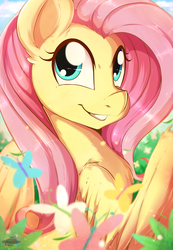 Size: 3425x4960 | Tagged: dead source, safe, artist:rainbowscreen, fluttershy, butterfly, pegasus, pony, g4, absurd resolution, cloud, cute, ear fluff, female, flower, mare, shyabetes, sky, smiling, solo