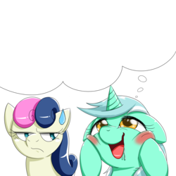 Size: 1000x1000 | Tagged: dead source, safe, artist:ushiro no kukan, bon bon, lyra heartstrings, sweetie drops, g4, bon bon is not amused, drool, exploitable, floppy ears, frown, lyra's thought meme, meme, open mouth, smiling, squishy cheeks, sweatdrop, template, thought bubble, unamused