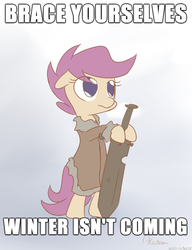 Size: 515x671 | Tagged: safe, scootaloo, g4, my little pony: friendship is magic, tanks for the memories, a song of ice and fire, eddard stark, exploitable meme, female, game of thrones, hilarious in hindsight, meme, solo, winter is coming, winter isn't coming, winter may or may not be coming