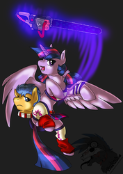 Size: 1754x2480 | Tagged: safe, artist:freepaints, flash sentry, twilight sparkle, alicorn, pony, g4, chainsaw, cheerleader sparkle, crossover, disembodied head, female, lollipop chainsaw, mare, twilight sparkle (alicorn), voice actor joke