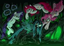 Size: 3500x2500 | Tagged: safe, artist:template93, pinkie pie, queen chrysalis, rarity, oc, changeling, changeling queen, earth pony, pony, unicorn, g4, cave, commission, female, fight, high res, magic, rock, underhoof