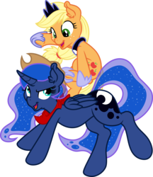 Size: 7500x8665 | Tagged: safe, artist:dfectivedvice, artist:mactavish1996, applejack, princess luna, g4, absurd resolution, accessory swap, bandana, clothes, ear fluff, happy, hat, open mouth, ponies riding ponies, riding, scarf, simple background, smiling, smirk, transparent background, underhoof, vector