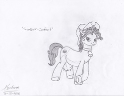 Size: 1600x1243 | Tagged: safe, artist:xyclone, oc, oc only, oc:southern comfort, cow, cow pony, 2015, bedroom eyes, bell, black and white, cowbell, cowboy hat, crossed legs, female, freckles, hat, long description, mare, monochrome, signature, smiling, solo, traditional art, udder