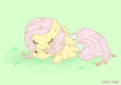 Size: 1438x1014 | Tagged: safe, artist:yokkishai, fluttershy, g4, female, flower in hair, solo, tail bow