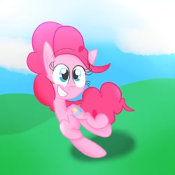 Size: 894x894 | Tagged: safe, artist:mr-degration, pinkie pie, g4, cloud, cloudy, cute, female, field, galloping, grass, grin, happy, looking at you, running, sky, smiling, solo, wide eyes