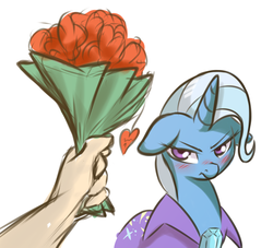 Size: 914x831 | Tagged: safe, artist:mostazathy, trixie, human, pony, unicorn, g4, :t, blushing, bouquet, clothes, disembodied hand, female, floppy ears, flower, frown, glare, heart, mare, rose, scrunchy face, simple background, tsundere, tsunderixie, white background