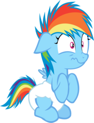 Size: 1539x2011 | Tagged: safe, artist:megarainbowdash2000, rainbow dash, pegasus, pony, g4, blue coat, cute, diaper, female, filly, multicolored hair, non-baby in diaper, poofy diaper, rainbow hair, solo, young