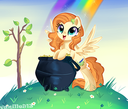Size: 1280x1090 | Tagged: dead source, safe, artist:spookyle, oc, oc only, oc:charming poem, pegasus, pony, clover, female, flower, four leaf clover, freckles, irish, mare, meadow, open mouth, pot of gold, rainbow, saint patrick's day, smiling, solo, tree