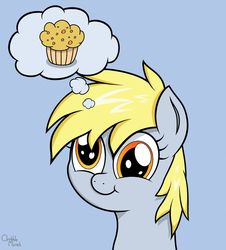 Size: 1000x1106 | Tagged: safe, artist:chubble-munch, derpy hooves, pegasus, pony, g4, female, mare, muffin, solo, thought bubble