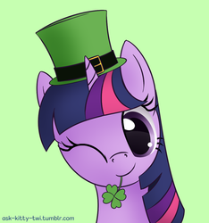 Size: 917x979 | Tagged: safe, artist:galekz, twilight sparkle, g4, ask-kitty-twi, clover, female, four leaf clover, hat, mouth hold, saint patrick's day, solo, wink