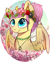 Size: 669x840 | Tagged: safe, artist:freckledbastard, fluttershy, g4, alternate hairstyle, female, floral head wreath, flower, necklace, peace symbol, ponytail, solo