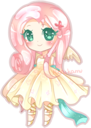 Size: 233x325 | Tagged: safe, artist:merukamu, fluttershy, human, g4, chibi, clothes, dress, female, humanized, solo, winged humanization