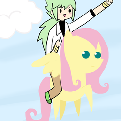 Size: 600x600 | Tagged: safe, artist:absolute-dreamer, fluttershy, human, pegasus, pony, g4, crossover, duo, female, humans riding ponies, male, mare, n, natural harmonia gropius, pointy ponies, pokémon, riding