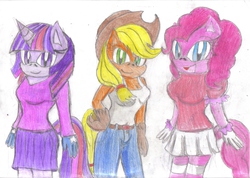 Size: 3493x2491 | Tagged: safe, artist:jcmx, applejack, pinkie pie, twilight sparkle, anthro, g4, clothes, high res, skirt, sonic the hedgehog (series), sonicified, traditional art