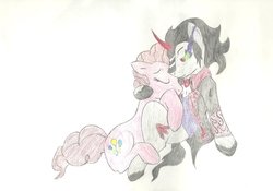 Size: 2049x1431 | Tagged: safe, artist:note-sketch, king sombra, pinkie pie, earth pony, pony, unicorn, g4, clothes, eyes closed, female, male, mare, shipping, simple background, sombra eyes, sombrapie, stallion, straight, traditional art, white background