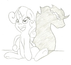 Size: 1581x1457 | Tagged: safe, artist:note-sketch, king sombra, sweetie belle, g4, fanfic art, monochrome, shadow, traditional art