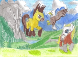 Size: 3484x2541 | Tagged: safe, artist:jcmx, bald eagle, bird, eagle, dreamworks, high res, jumping, mustang, ponified, rain (character), rain (spirit: stallion of the cimarron), spirit, spirit (spirit: stallion of the cimarron), spirit: stallion of the cimarron, traditional art