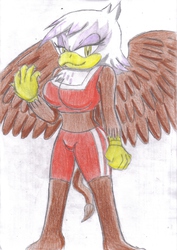 Size: 2474x3493 | Tagged: safe, artist:jcmx, gilda, griffon, anthro, plantigrade anthro, g4, breasts, busty gilda, female, high res, sonic the hedgehog (series), sonicified, traditional art