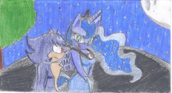Size: 2507x1366 | Tagged: safe, artist:jcmx, princess luna, oc, oc:ecares, anthro, g4, crossover, sonic the hedgehog (series), sonicified, traditional art