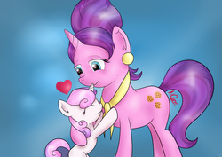 Size: 400x283 | Tagged: safe, artist:cwossie, cookie crumbles, sweetie belle, g4, heart, hug, mama cookie, mother and daughter, motherly, motherly love