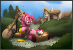 Size: 1588x1080 | Tagged: safe, artist:noben, pinkie pie, earth pony, parasprite, pony, g4, swarm of the century, accordion, banjo, cottage, cymbals, female, harmonica, mare, musical instrument, one man band, ponyville, sousaphone, tambourine, tree, tuba