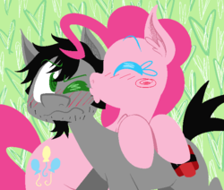Size: 650x550 | Tagged: safe, artist:alittleofsomething, pinkie pie, g4, blushing, crossover shipping, dan, dan pie, dan vs, fanfic art, female, kissing, lineless, male, pinkiedan, ponified, shipping, straight, the wheel and the butterfly saga