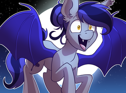 Size: 2500x1844 | Tagged: source needed, safe, artist:pixel-prism, oc, oc only, oc:inky, bat pony, pony, twilight sparkle's secret shipfic folder, cute, fangs, fluffy, flying, hair bun, happy, moon, open mouth, smiling, solo, spread wings, wide eyes