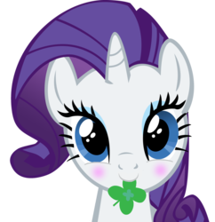 Size: 900x929 | Tagged: safe, rarity, pony, unicorn, g4, blushing, clover, cute, female, four leaf clover, looking at you, mare, mouth hold, saint patrick's day, simple background, solo, transparent background