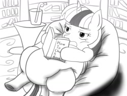 Size: 1280x960 | Tagged: safe, artist:40450, twilight sparkle, alicorn, pony, g4, book, chubby, fat, female, lazy, mare, monochrome, reading, solo, twilight sparkle (alicorn)