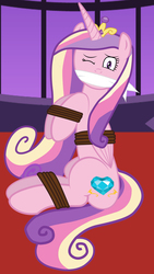 Size: 1022x1810 | Tagged: safe, artist:bondagelover888, princess cadance, alicorn, pony, g4, bondage, bound, bound wings, cloth gag, female, gag, looking at you, mare, rope, rope bondage, show accurate, solo