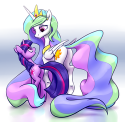 Size: 3416x3328 | Tagged: safe, artist:nadnerbd, princess celestia, twilight sparkle, alicorn, pony, unicorn, g4, butt, celestia is not amused, duo, female, folded wings, high res, lidded eyes, long mane, long tail, mare, plot, raised hoof, raised leg, simple background, slender, tail, thin, unamused, underhoof, wings