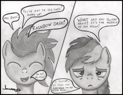 Size: 1280x989 | Tagged: safe, artist:jacsveus, rainbow dash, soarin', g4, comic, monochrome, traditional art