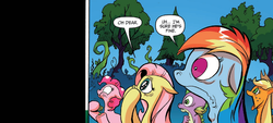 Size: 1250x565 | Tagged: safe, idw, official comic, applejack, fluttershy, pinkie pie, rainbow dash, spike, g4, spoiler:comic, spoiler:comic28, bleh, gulp, template