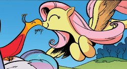 Size: 622x339 | Tagged: safe, idw, official comic, fluttershy, philomena, pegasus, phoenix, pony, g4, spoiler:comic, spoiler:comic28, ^^, boop, cute, eyes closed, noseboop, smiling