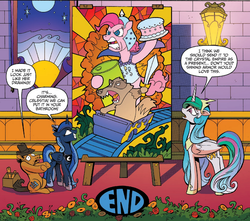 Size: 936x828 | Tagged: safe, artist:andy price, idw, official comic, pinkie pie, princess celestia, princess luna, alicorn, badger, earth pony, pony, g4, spoiler:comic, spoiler:comic28, armor, cake, comic, cropped, female, helmet, male, mare, roller coaster, royal sisters, speech bubble, stained glass, stallion, sword, the end, unnamed character, unnamed pony, war face, wat