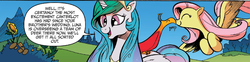 Size: 1400x345 | Tagged: safe, idw, official comic, fluttershy, philomena, princess celestia, alicorn, pegasus, phoenix, pony, g4, spoiler:comic, spoiler:comic28, ^^, beep, boop, cute, eyes closed, flying, noseboop, nuzzling, open mouth, shyabetes, smiling, speech bubble, spread wings, wings