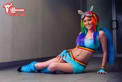 Size: 960x640 | Tagged: safe, artist:babygirlfallenangel, rainbow dash, human, g4, belly button, clothes, cosplay, irl, irl human, midriff, photo, skirt, sports bra