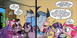 Size: 1624x800 | Tagged: safe, idw, official comic, pinkie pie, spike, twilight sparkle, well-to-do, alicorn, minotaur, pony, g4, spoiler:comic, spoiler:comic28, dialogue, donut steel, female, mare, speech bubble, toy, twilight sparkle (alicorn), twilight sporkle