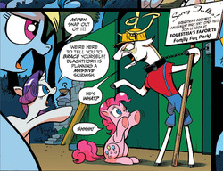 Size: 894x687 | Tagged: safe, idw, official comic, king aspen, pinkie pie, rainbow dash, rarity, g4, spoiler:comic, spoiler:comic28, clothes, humiliation, national lampoon's vacation, sign, uniform