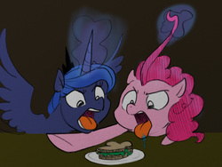 Size: 2760x2079 | Tagged: safe, artist:glacierclear, artist:glacierclear edits, color edit, edit, pinkie pie, princess luna, g4, drool, eyes on the prize, fight, glare, hair pulling, high res, magic, open mouth, plate, sandwich, spread wings, telekinesis, tongue out, traditional art