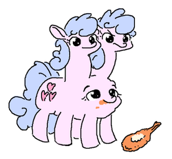 Size: 385x355 | Tagged: safe, artist:the_whistler, oc, oc only, chicken, conjoined, conjoined triplets, conjoined twins, food, meat, multiple heads, three heads, three-headed pony, triplets, two heads, wat, what has science done