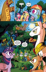 Size: 1400x2154 | Tagged: safe, artist:andypriceart, artist:katiecandraw, edit, idw, official comic, applejack, bramble, fluttershy, king aspen, manny roar, rainbow dash, spike, twilight sparkle, well-to-do, alicorn, bird, deer, earth pony, gorilla, hydra, manticore, minotaur, owlbear, pony, g4, spoiler:comic, spoiler:comic28, comic, crane, eaten alive, everfree forest, female, forest, male, mare, multiple heads, predation, speech bubble, stag, throat bulge, tree, twilight sparkle (alicorn), unnamed character, unnamed deer, unnamed minotaur, unnamed pony, vine, vore