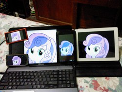 Size: 2592x1944 | Tagged: safe, sweetie belle, equestria girls, g4, apple (company), computer, cute, funny, huawei, ipad, irl, laptop computer, phone, photo, smartphone, stare, tablet, toshiba