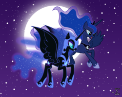 Size: 10000x8000 | Tagged: safe, artist:90sigma, nightmare moon, princess luna, alicorn, pony, g4, absurd resolution, duality, female, flying, mare, moon, night, pointing, self ponidox