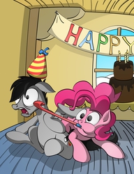 Size: 2832x3683 | Tagged: safe, artist:friendshipismetal777, pinkie pie, oc, earth pony, pegasus, pony, g4, cake, duo, hat, high res, party, party hat, party horn