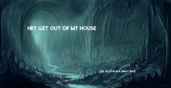 Size: 3200x1655 | Tagged: safe, artist:shamanguli, edit, twilight sparkle, pony, unicorn, g4, cave, female, mare, meta, scenery, solo, text