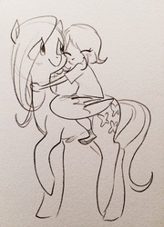 Size: 2261x3149 | Tagged: safe, artist:glacierclear, fluttershy, human, pegasus, pony, g4, blushing, child, cute, eyes closed, female, high res, hug, humans riding ponies, mare, monochrome, raised hoof, riding, sketch, smiling, traditional art