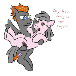 Size: 893x893 | Tagged: safe, artist:jargon scott, oc, oc only, oc:jet fuel, oc:steel beams, earth pony, pegasus, pony, 9/11, 9/11 joke, bedroom eyes, carrying, dialogue, duo, female, flying, holding a pony, jet fuel can't melt steel beams, male, open mouth, shipping, smiling, straight